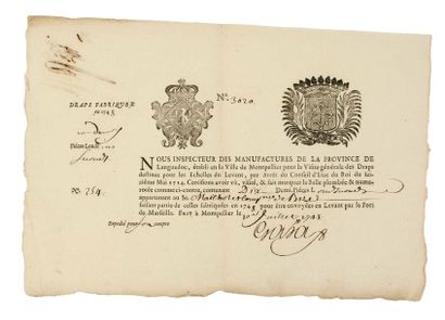 null HÉRAULT. DOUANE. 1748. Pièce signée de l'Inspecteur des Manufactures de la Province...