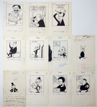 LAP (Jacques Laplaine) Lot de 11 dessins politiques réalisés pour le Canard enchainé,...