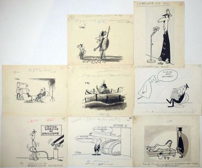 LAP (Jacques Laplaine) Lot de 8 dessins politiques réalisés pour le Canard enchainé,...