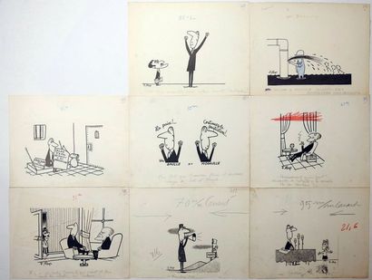 LAP (Jacques Laplaine) Lot de 8 dessins politiques réalisés pour le Canard enchainé,...