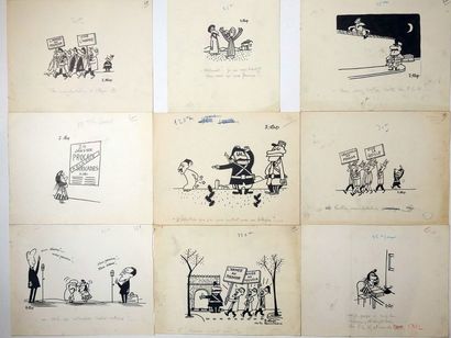 LAP (Jacques Laplaine) Lot de 9 dessins politiques réalisés pour le Canard enchainé...