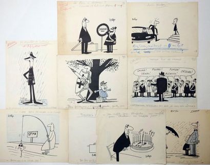 LAP (Jacques Laplaine) Lot de 9 dessins politiques réalisés pour le Canard enchainé,...