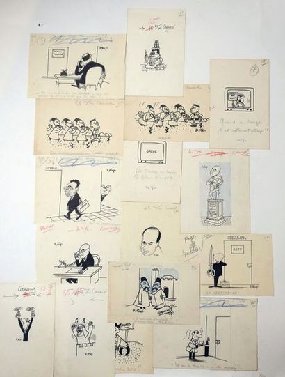LAP (Jacques Laplaine) Lot de 15 dessins politiques réalisés pour le Canard enchainé,...