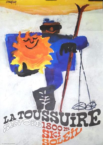 PRAQUIN P. 
LA TOUSSUIRE, Savoie. «1800 mètre.
Ski, Soleil.».1980
Imprimerie Linato,...