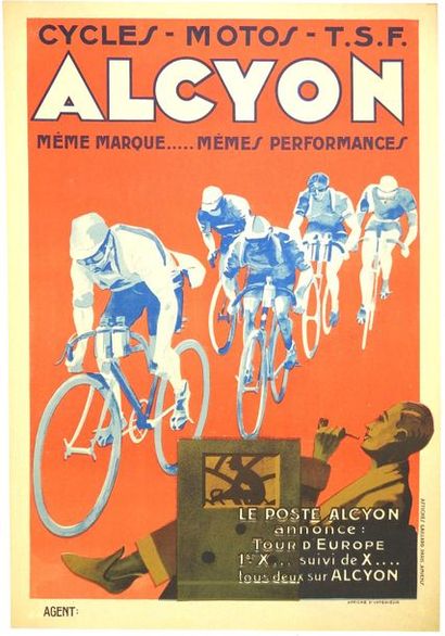 ANONYME CYCLES-MOTOS-T.S.F ALCYON Affiches Gaillard, Paris-Amiens
58 x 40 cm
Entoilée,...