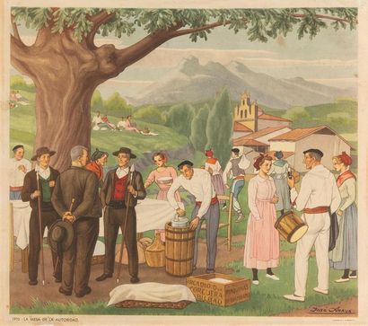  ARRUE et ELIZAGA Réunion de 7 illustrations offset : La Mesa de la Autoridad. 1910....