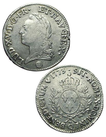 null Louis XV. Ecu à la vieille tête. 1773 Q. Perpignan. 
29,15 grs. Gad.323. TB...