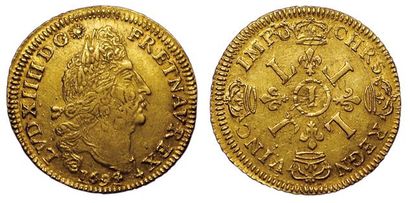 null 61- Louis XIV. Louis d'or aux 4 L1694 I. Limoges. Rf.
A/ LVD XIIII D G (soleil)...