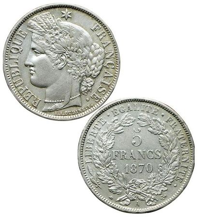 null Défense Nationale. 5 Francs Cérès. 1870 A. Avec légende. 
F.333/1. qSUP