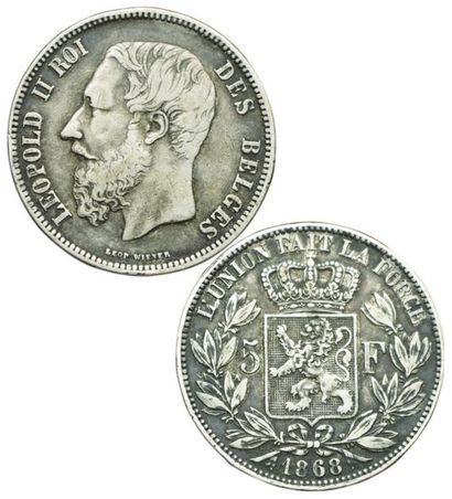 null Belgique. Léopold II. 5 Francs. 1868. Position Tr.B. 
Km.24. Assez rare. TB...
