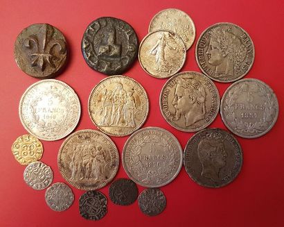 null Lot divers : 6 monnaies Féodales en billon, 7 Pièces de 5 Francs argent 19e...