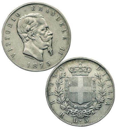 null Italie. Victor Emmanuel II. 5 Lire. 1875 R. Rome. Petit R. 
Mir.1082w. Rare....