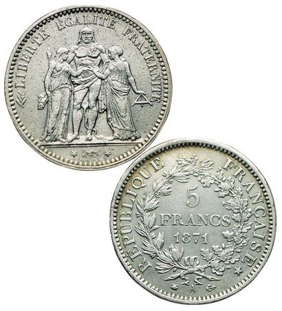 null Défense Nationale. 5 Francs Hercule. 1871 A. Paris. 
F.334/2. TTB+
