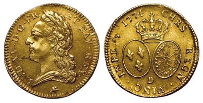 null Louis XV. Double Louis d'or à la vieille tête 1774 D. Lyon.
A/ LUD. XV.D.G.FR.ET.NAV.REX....