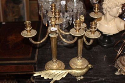 null Paire de chandeliers en bronze doré à trois bras de lumière de style Louis XVI....
