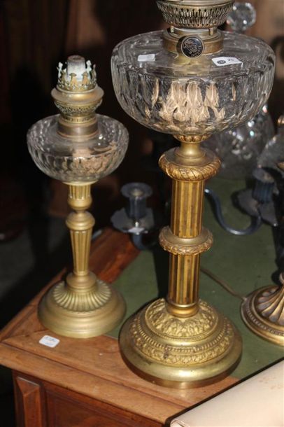 null Lampe à pétrole piétement en bronze doré formant colonne, réservoir en cristal.XIXème...