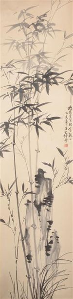 null Peinture à l'encre sur papier
Chine
A décor de bambous et rochers, inscription...