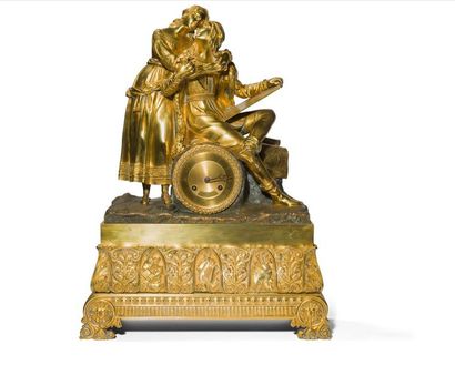 null Pendule en bronze doré représentant Paolo et Francesca, sur une base à décor...