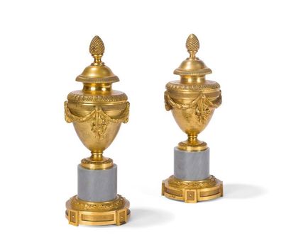 null Paire de petits vases d'ornement en bronze doré et marbre bleu Turquin, à décor...