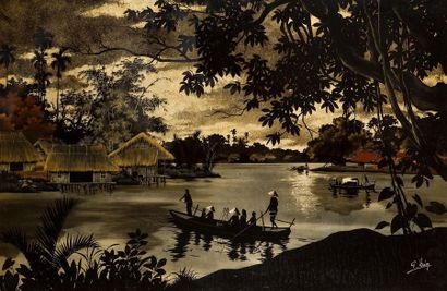 null Panneau en bois laqué noir, rouge, jaune et ocre
Vietnam, XXème siècle
A décor...
