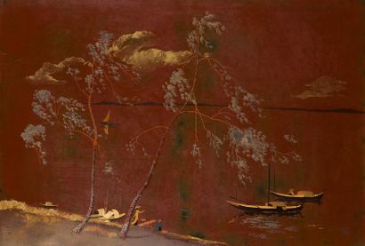 null Panneau en bois laqué rouge
Indochine, XXème siècle
A décor de barques et personnages...