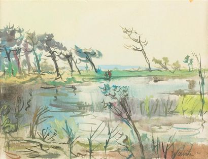 null Jean-Gérard CARRÈRE (1922-2015)
« L'étang »
Gouache et aquarelle, signé en bas...