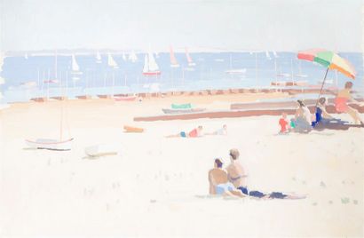 null Pierre-René RODES (1896-1971)
« La plage, Bassin d'Arcachon »
Gouache, porte...