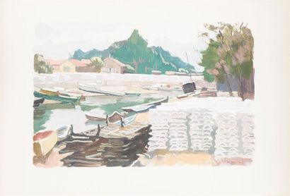 null Pierre-René RODES (1896-1971)
« Casiers au bord du canal »
Gouache, datée «...