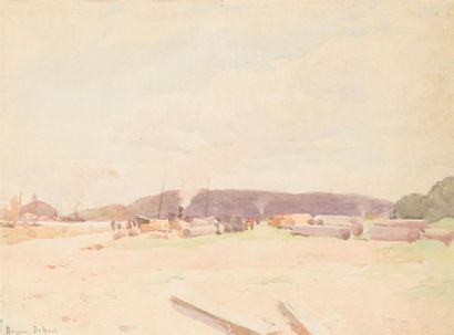 null Hermann DELPECH (1864-1945)
« Billes de bois sur le port de Bordeaux, 1905 »
Aquarelle,...