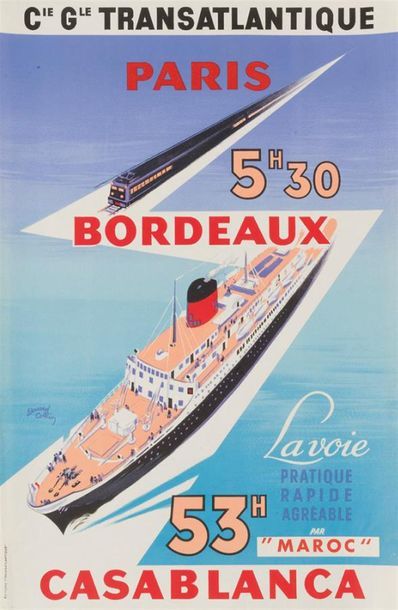 null D'après Edouard COLLIN
Affichette C G Transatlantique Paris-Bordeaux-Casablanca.
Lithographie...