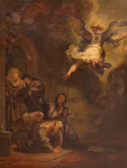 null D'après Rembrandt
L'archange Raphaël quittant la famille de Tobie
Huile sur...