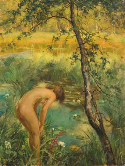 null Wilhelm HZMPFING (1886-1948) 
Jeune fille au bord d'une mare
Huile sur toile,...