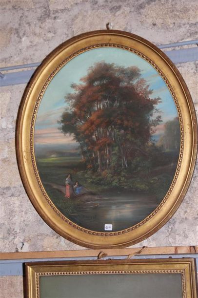 null School end of XIXth 
century "Animated autumn landscape" 
Pastel in oval signed...
