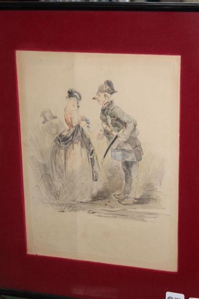 null Late 19th century school, "the conversation". Pencil and watercolor. 29x22 ...