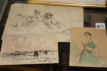 null Set of three drawings and watercolours XIX/XXth
"Marine"
Watercolour dated 1929
"Elegant"

Pencil...