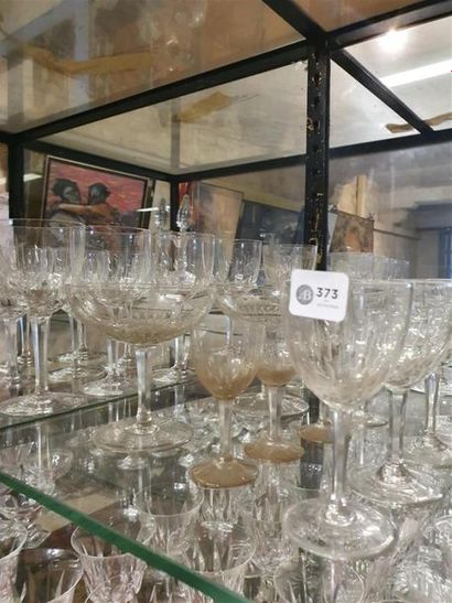 null Set of crystal stemmed glasses with cut decoration, twenty-five pieces including...