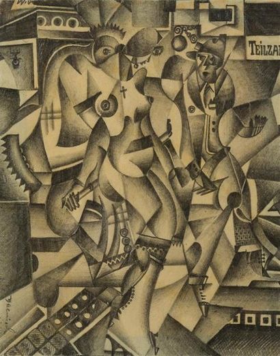 null MODERN
SCHOOL "Cubist composition". 
Black pencil drawing, with a signature...