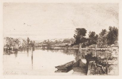 null Francis SEYMOUR HADEN 
"Egham" 1859. 
 Original etching on japan peel. 
Attached...