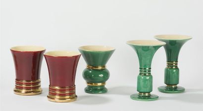 null CAB Pair of green glazed terracotta horn 
vases200sée signed CAB circa 1950...