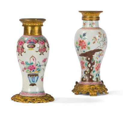 null TWO PORCELAIN
VASES ROSE FAMILY BRONZE MOUNTS
China, 18th century
Baluster-shaped,...