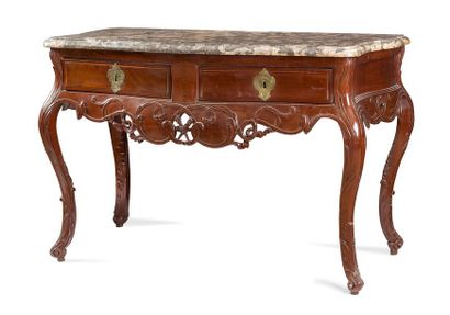 null BEAUTIFUL CONSOLE
TABLE with an eventful shape, in openwork mahogany carved...