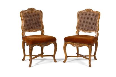 null Pair of FLAT BACK FOLDING CHAIRS AND CANNES
in carved beech wood with foliage...