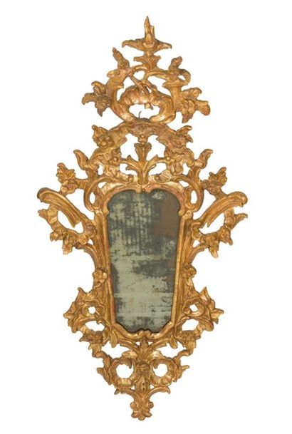 null PAIR OF REDORATED
WOOD MIRRORS
with openwork decoration of foliage 
and flowers,...