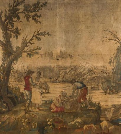 null AUBUSSON TAPE 
representing a lake scene (accidents and restorations);
in a...
