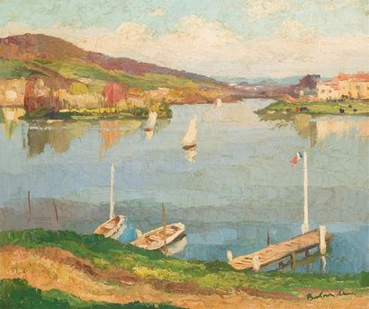 null GASTON BALANDE (1880-1971)
Embarcadère et voiliers sur le fleuve
Huile sur toile,...