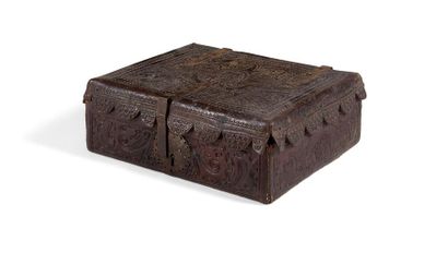 null WAXED LEATHER BOX 
with decoration of foliage and stylized animals, wrought...