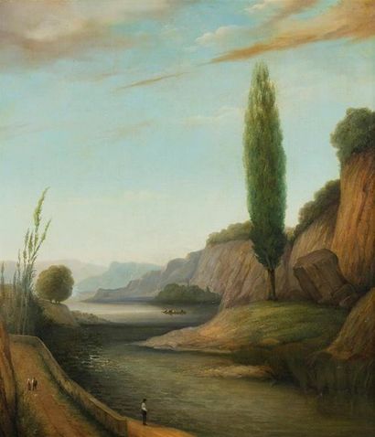 null ÉCOLE VERS 1840-1850,
Deux paysages animés en pendant 
Deux huiles sur toile,...