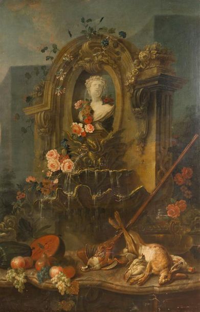 null ECOLE FRANÇAISE DU XVIIIème, SUIVEUR DE JEAN BAPTISTE OUDRY
Nature morte au...