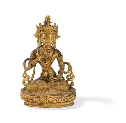null GOLDEN COPPER VAJRASATTVA STATUE
Tibet, 20th century
Depicted sitting in dhyanasana...