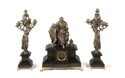 null IMPORTANT BRONZE AND BLACK MARBLE CHIMNEY GARNITURE
comprising a clock with...